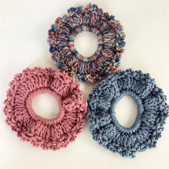 Hair Scrunchies Hand Crafted Crochet Boho Blue Rose Messy Bun - Picture 6 of 10